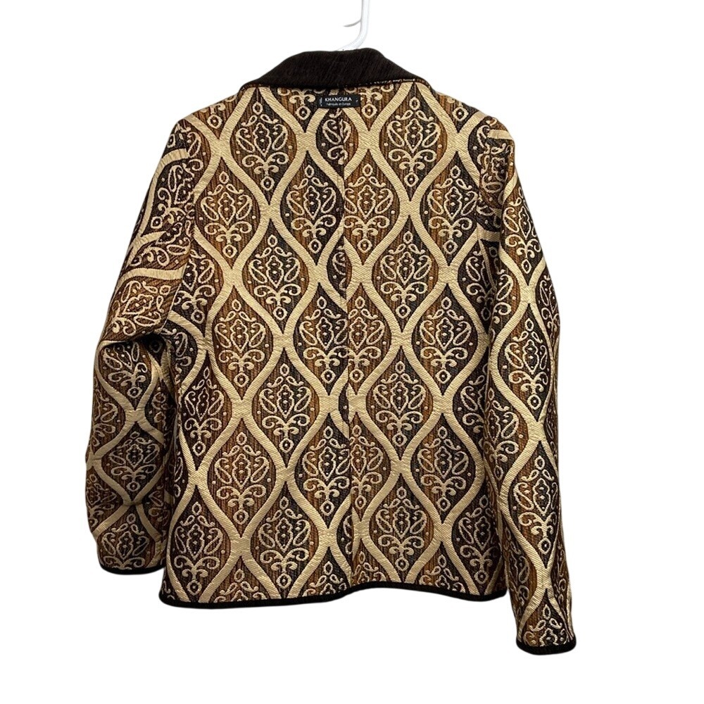 Khangura Women Brown Gold Tapestry Damask Blazer Jacket Single Button Large - Picture 3 of 10
